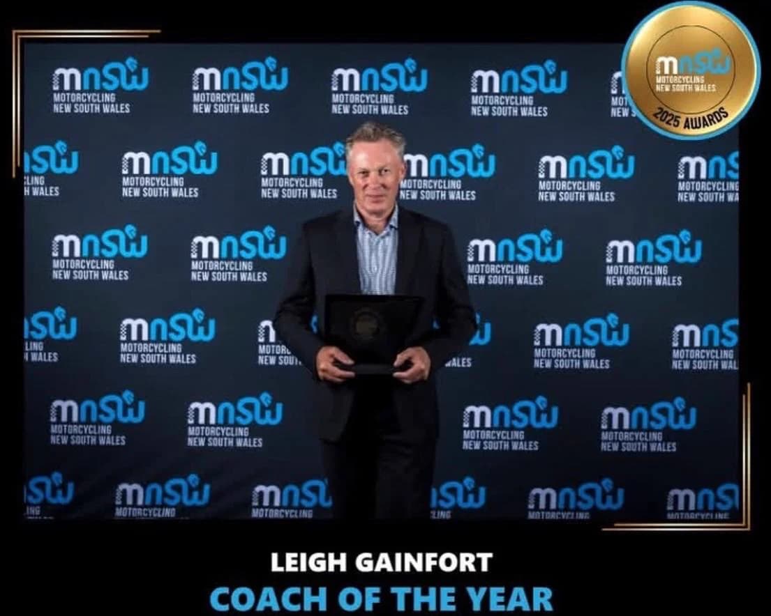 Leigh Gainfort receiving Coach of the Year award at Motorcycling NSW 2025 Awards