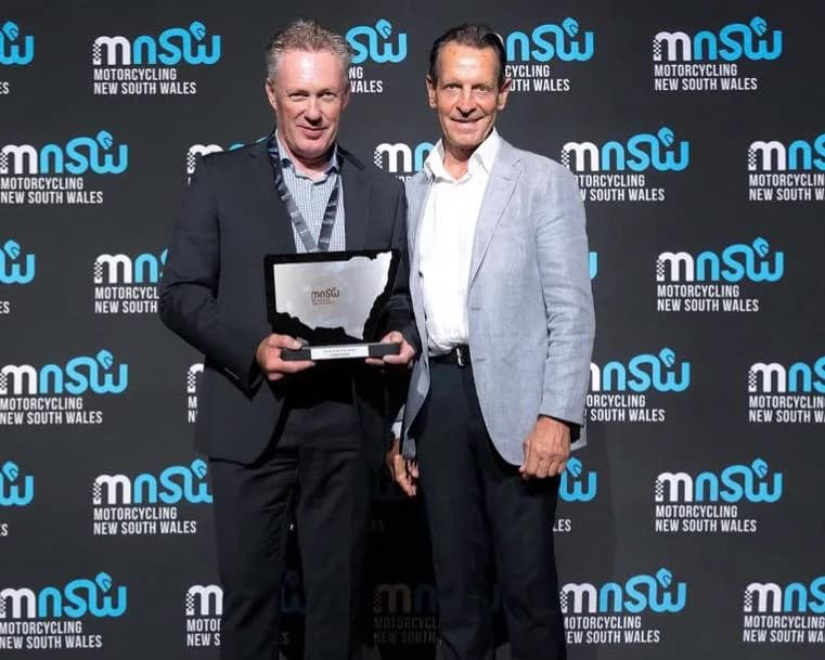 Leigh Gainfort with Legend award recipient at Motorcycling NSW 2025 Awards