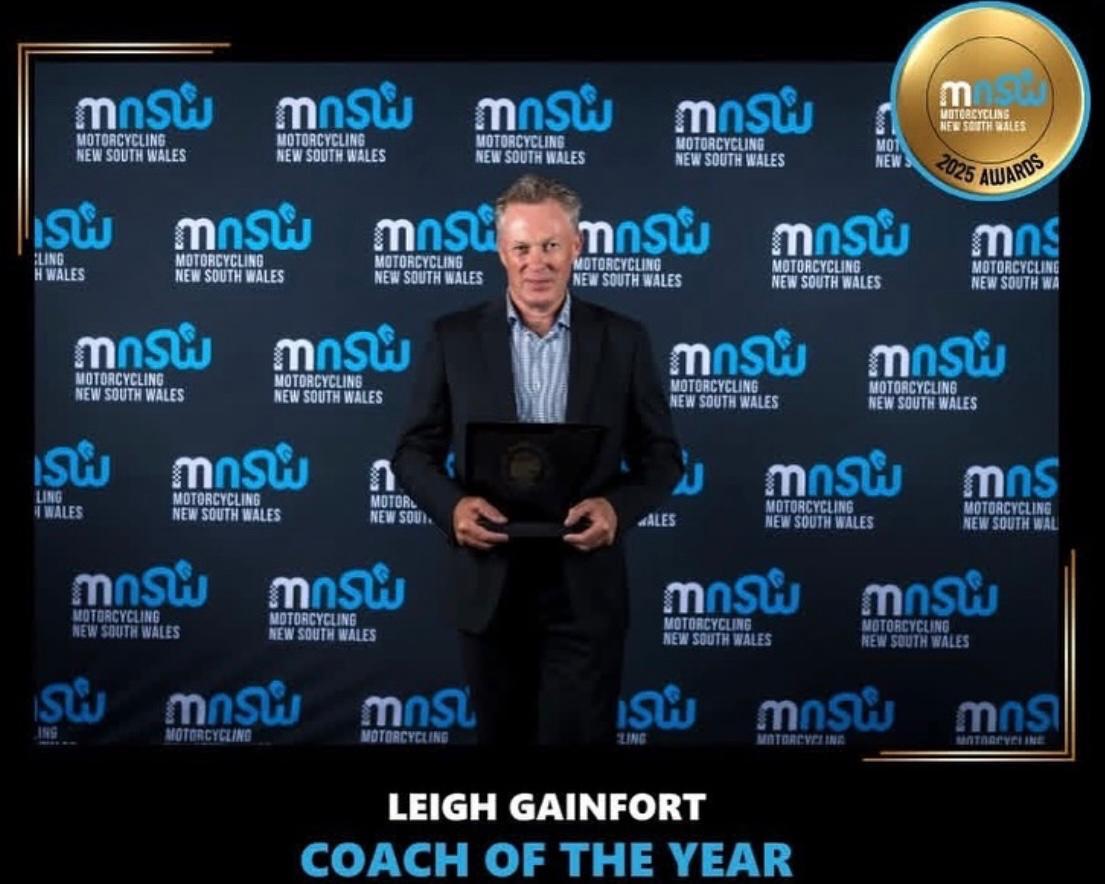 Leigh Gainfort receiving Coach of the Year award at Motorcycling NSW 2025 Awards