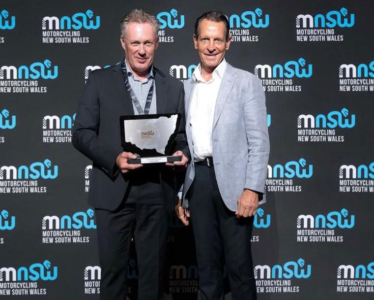 Leigh Gainfort with Legend award recipient at Motorcycling NSW 2025 Awards