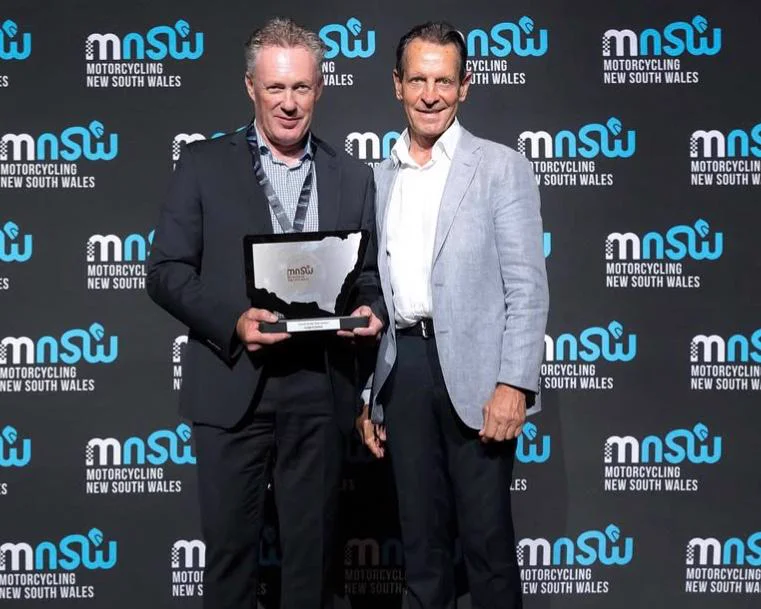 Leigh Gainfort with Legend award recipient at Motorcycling NSW 2025 Awards